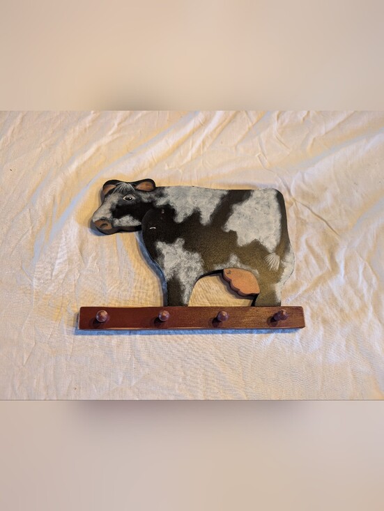Vintage Other - 2/20$ Vintage Black and White Cow Wooden Wall Hook Rack with Brown Pegs